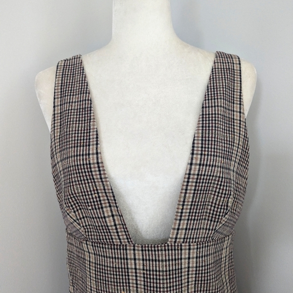 Zara Dress Brown Tan Plaid Pinafore Jumper Mini Dress Sequin Detail Size Medium - Picture 2 of 12